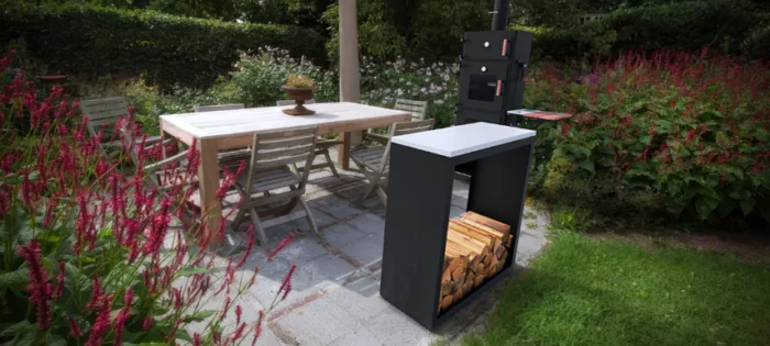 Geroba Beltza Butcher Block Houtopslag zwart L100 x B38,5 x H100 cm wit natuursteen blad