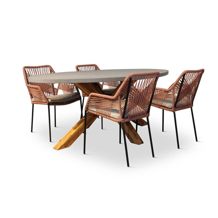 BUITEN living Livorno/Seville terra dining tuinset | 4 personen | betonlook + hardhout | 200cm ovaal – Betonlook, Rood