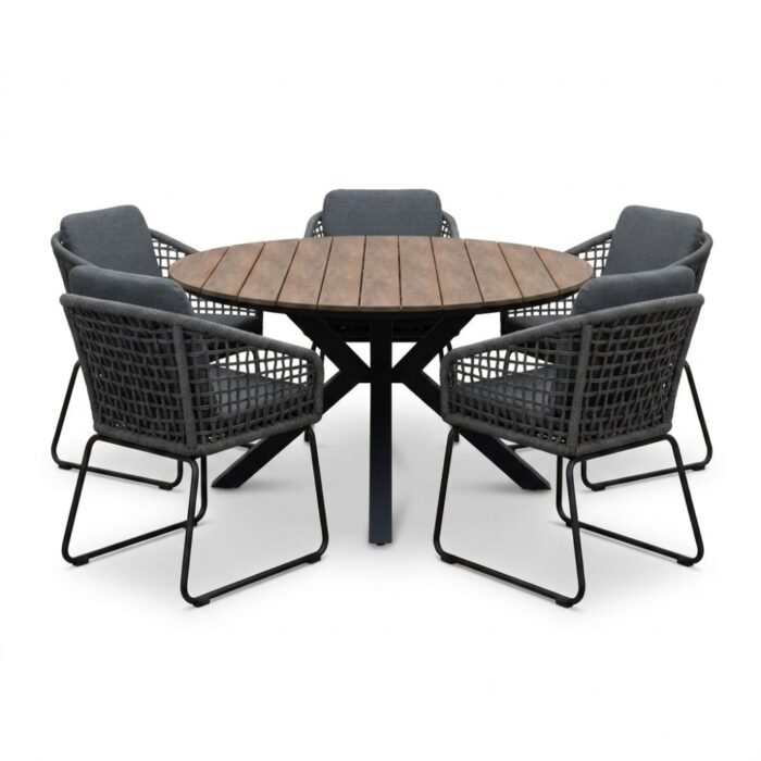 LUX outdoor living Cervo bruin/Tulum Lava Grey dining tuinset | 5 personen | polywood + touw | 144cm rond – Grijs