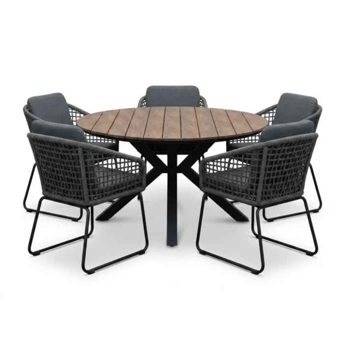 LUX outdoor living Cervo bruin/Tulum Lava Grey dining tuinset | 5 personen | polywood + touw | 144cm rond - Grijs