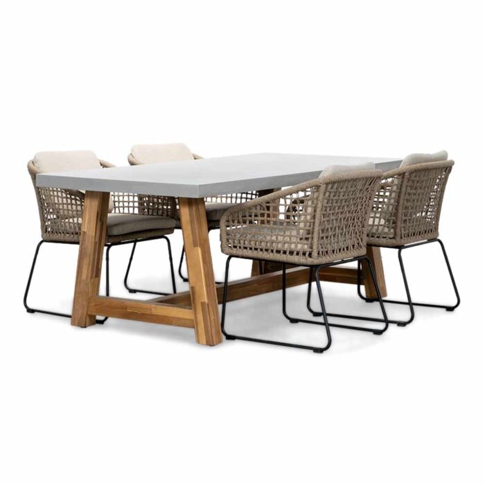 BUITEN living Veltis/Tulum Sahara Dust dining tuinset | 4 personen | betonlook + touw | 200cm – Zand