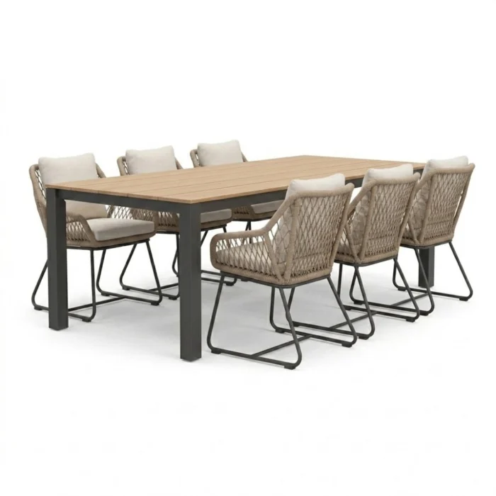 LUX outdoor living Manhattan antraciet/Portofino Sahara Dust dining tuinset | 6 personen | polywood + touw | 240cm