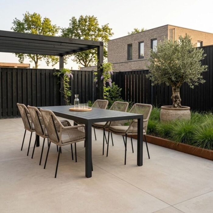 LUX outdoor living Manchester/Seville zand dining tuinset | 6 personen | aluminium + touw | 205cm – Zwart