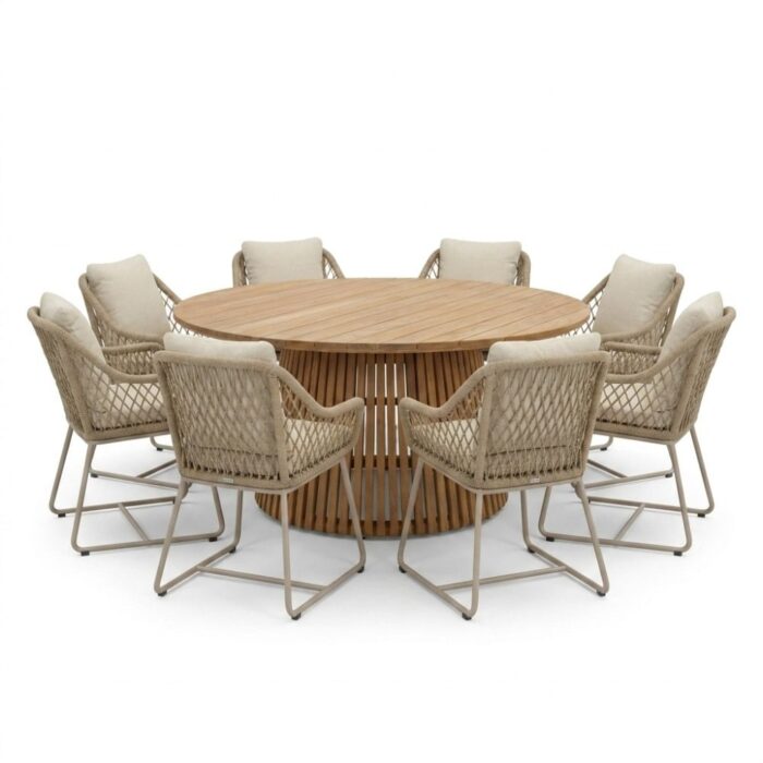 BUITEN living Palau/Portofino Sandstone dining tuinset | 8 personen | teakhout + touw | 180cm rond – Taupe – Naturel – Bruin, Beige