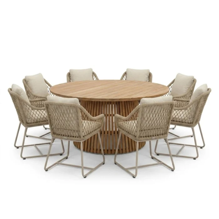 BUITEN living Palau/Portofino Sandstone dining tuinset | 8 personen | teakhout + touw | 180cm rond - Taupe - Naturel - Bruin, Beige