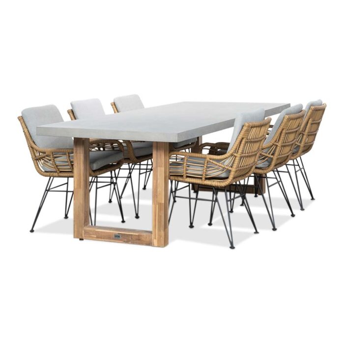 BUITEN living Lausanne/Carlos taupe dining tuinset | 6 personen | betonlook + wicker | 250cm – Taupe – Naturel – Bruin, Light Teak, Betonlook