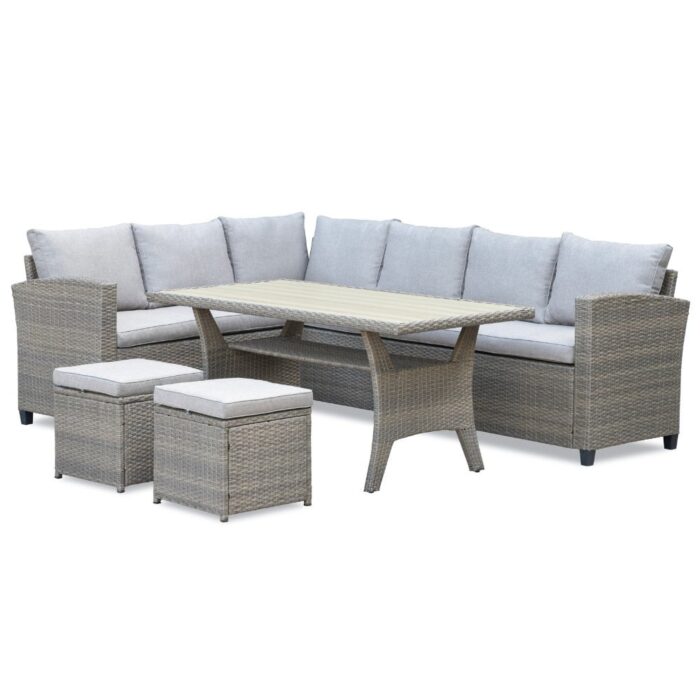 Denza Furniture Stockholm dining loungeset met hockers 8 personen | wicker | zand | 5-delig 245x169cm – Taupe – Naturel – Bruin