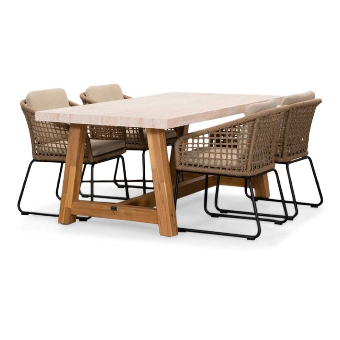 BUITEN living Velora/Tulum Sahara Dust dining tuinset | 4 personen | travertin + touw | 200cm – Zand
