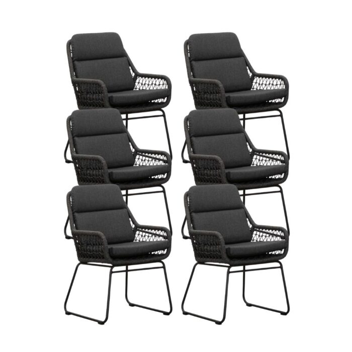BUITEN living Valencia dining tuinstoel set van 6 | touw + aluminium | Lava Grey – Antraciet