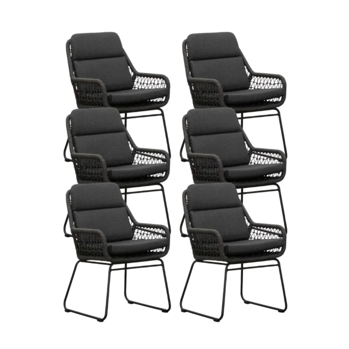 BUITEN living Valencia dining tuinstoel set van 6 | touw + aluminium | Lava Grey - Antraciet