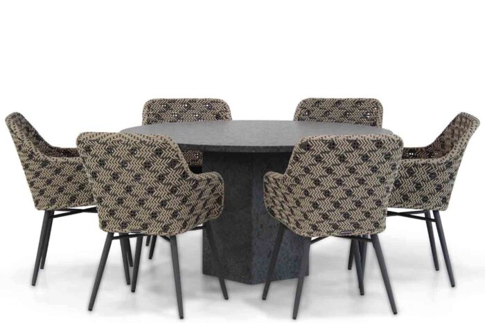 Lifestyle Garden Furniture Crossway/Graniet 140 cm rond dining tuinset 7-delig – Zwart-wit