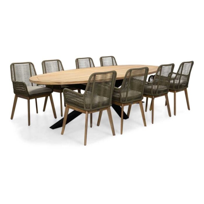 LUX outdoor living Cleve/Padua olijfgroen dining tuinset | 8 personen | teakhout + touw | 280cm ovaal – Grijs