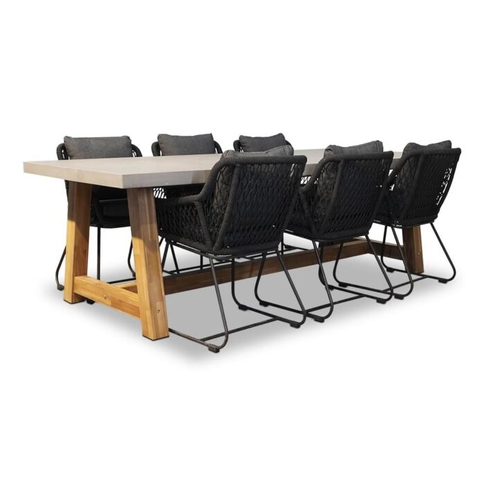 BUITEN living Veltis/Portofino zwart dining tuinset | 6 personen | betonlook + touw | 250cm – Betonlook, Zwart