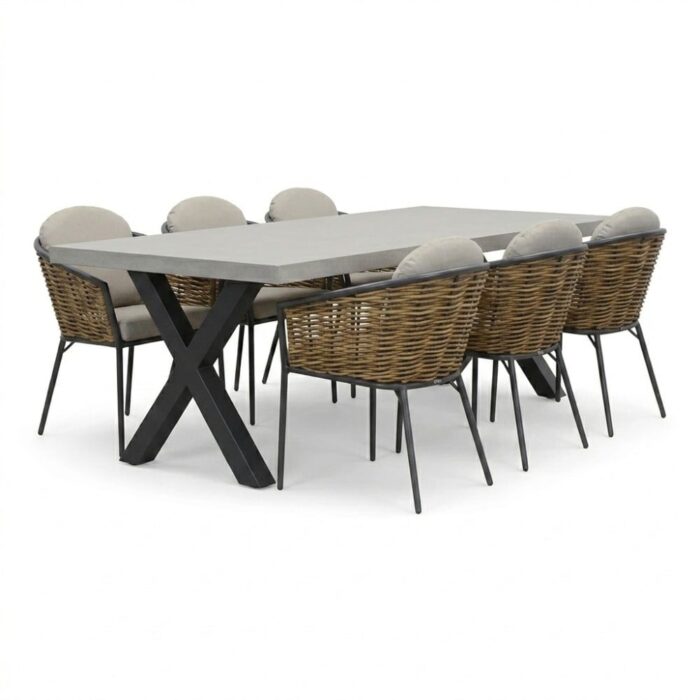 BUITEN living Lyon/Lucca dining tuinset | 6 personen | polystone + wicker | 250cm – Betonlook