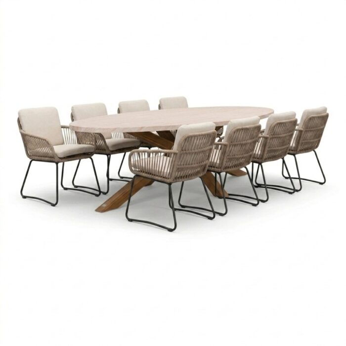 BUITEN living Lorento/Harper Sahara Dust dining tuinset | 8 personen | polystone + touw | 280cm – Travertin