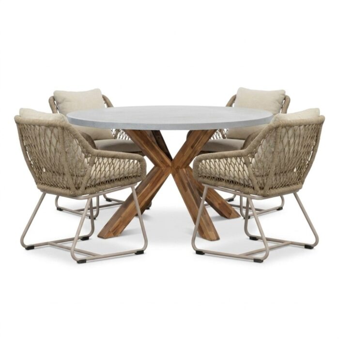 BUITEN living Livorno/Portofino Sandstone dining tuinset | 4 personen | polystone + touw | 200cm – Taupe – Naturel – Bruin, Beige