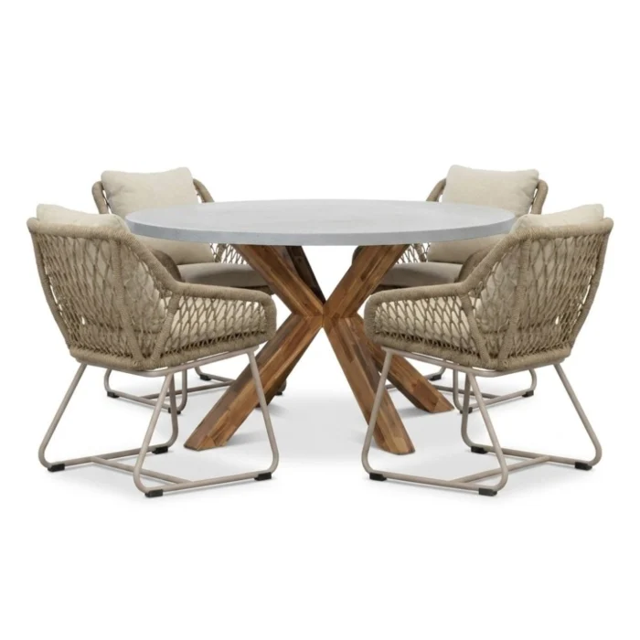 BUITEN living Livorno/Portofino Sandstone dining tuinset | 4 personen | polystone + touw | 200cm - Taupe - Naturel - Bruin, Beige