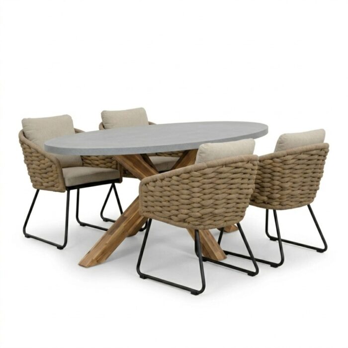 BUITEN living Livorno/Flora Sahara Dust dining tuinset | 4 personen | polystone + touw | 200cm – Betonlook