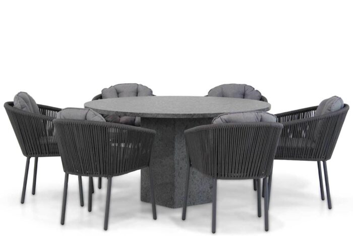 Santika Furniture Novita/Graniet 140 cm rond dining tuinset 7-delig – Grijs-antraciet
