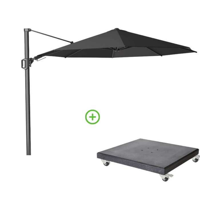 Platinum Challenger T² zweefparasol premium doek | Ø350cm rond met Modena parasolvoet 120kg | Faded Black – Zwart