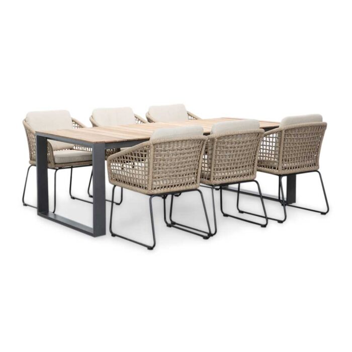 LUX outdoor living Atlanta/Tulum Sahara Dust dining tuinset | 6 personen | teakhout + touw | 218cm – Zand