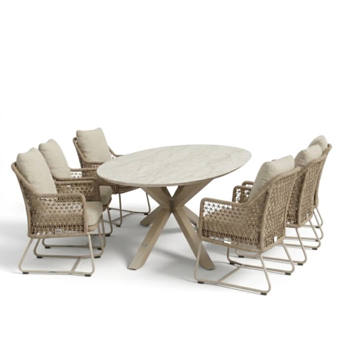 LUX outdoor living Calma Marble Latte/Gianna Sandstone low dining tuinset | 6 personen | sintered stone + touw | 240cm