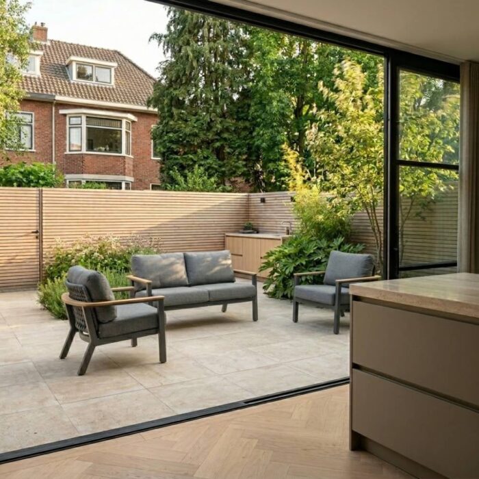 LUX outdoor living Montana stoel-bank loungeset 4 personen | aluminium + teak | antraciet | 3-delig