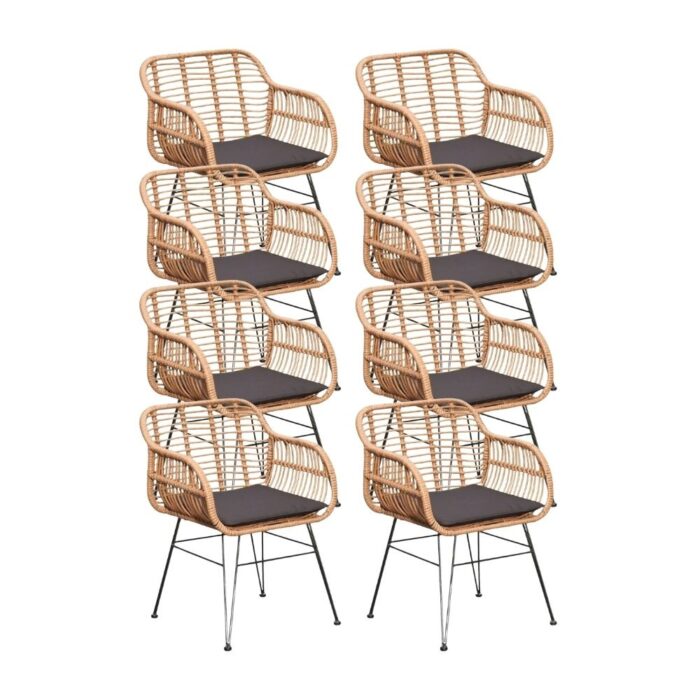 BUITEN living Lola dining tuinstoel set van 8 | wicker + staal | Bamboo antraciet