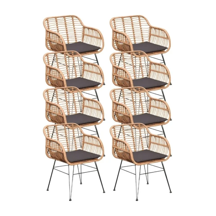 BUITEN living Lola dining tuinstoel set van 8 | wicker + staal | Bamboo antraciet