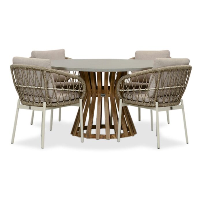 BUITEN living Elzas/Dakota beige/wit dining tuinset | 4 personen | betonlook + touw | 135cm rond – Zand