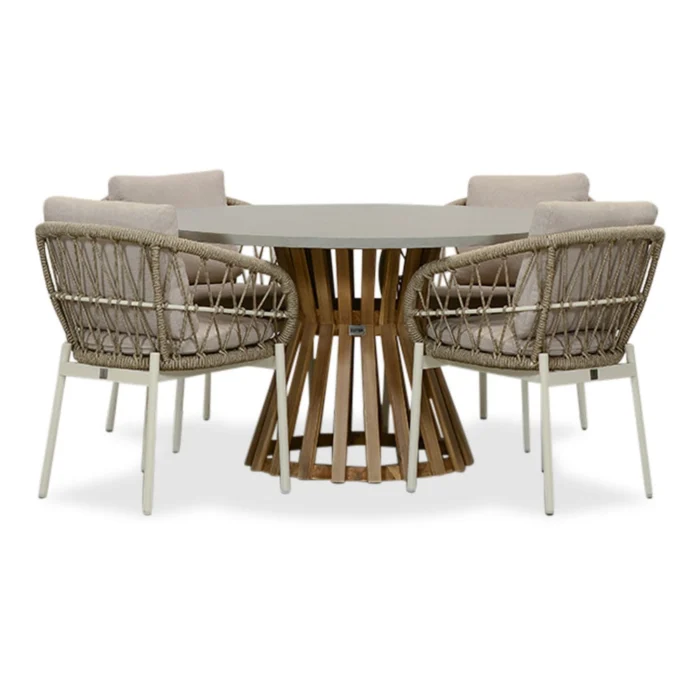 BUITEN living Elzas/Dakota beige/wit dining tuinset | 4 personen | betonlook + touw | 135cm rond - Zand