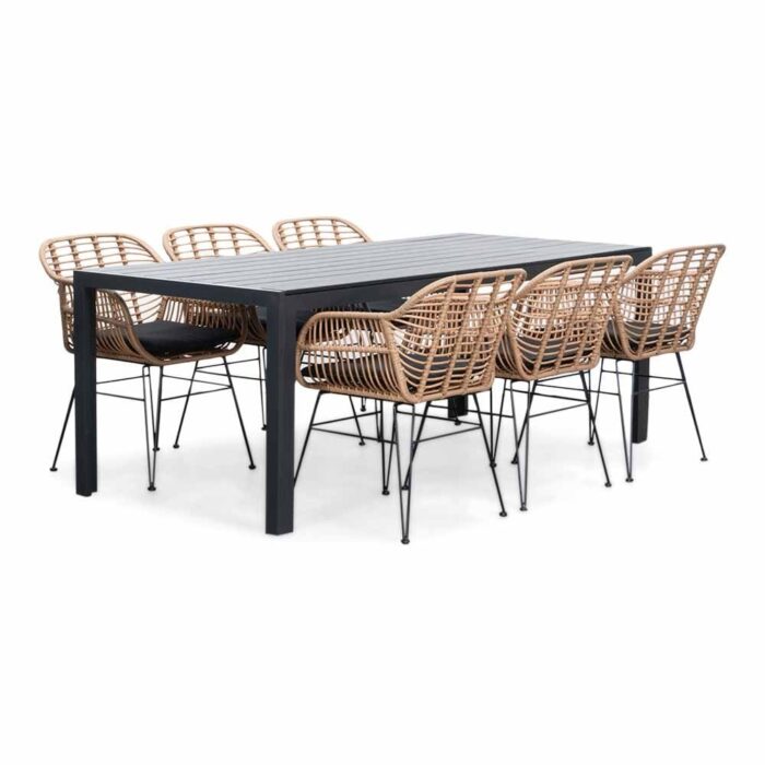 LUX outdoor living Manchester/Lola dining tuinset | 6 personen | aluminium + wicker | 205cm – Zwart, Antraciet