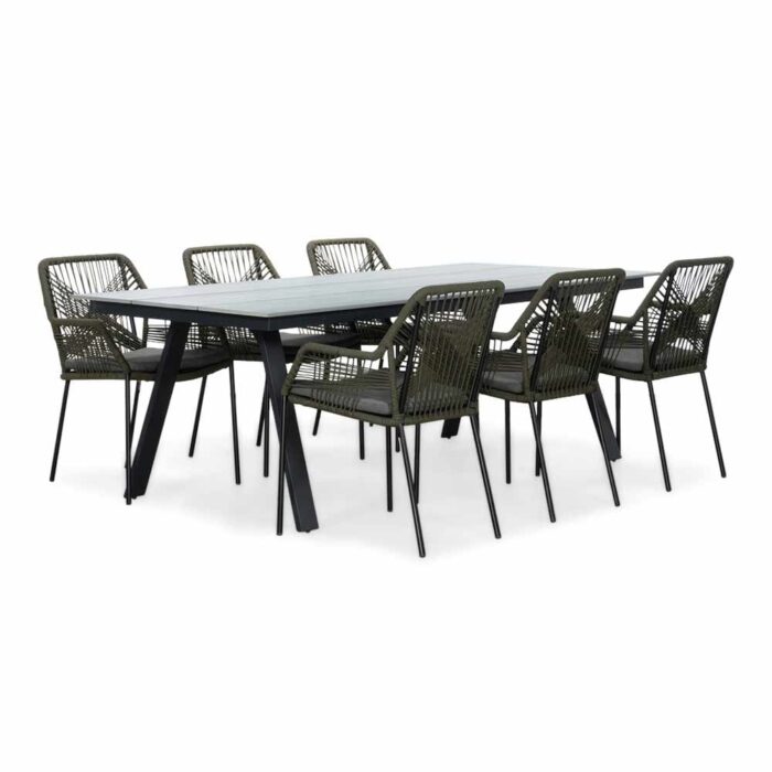 LUX outdoor living Oslo Grey/Seville olijfgroen dining tuinset | 6 personen | polywood + touw | 220cm – Olijfgroen, Zwart, Grijs
