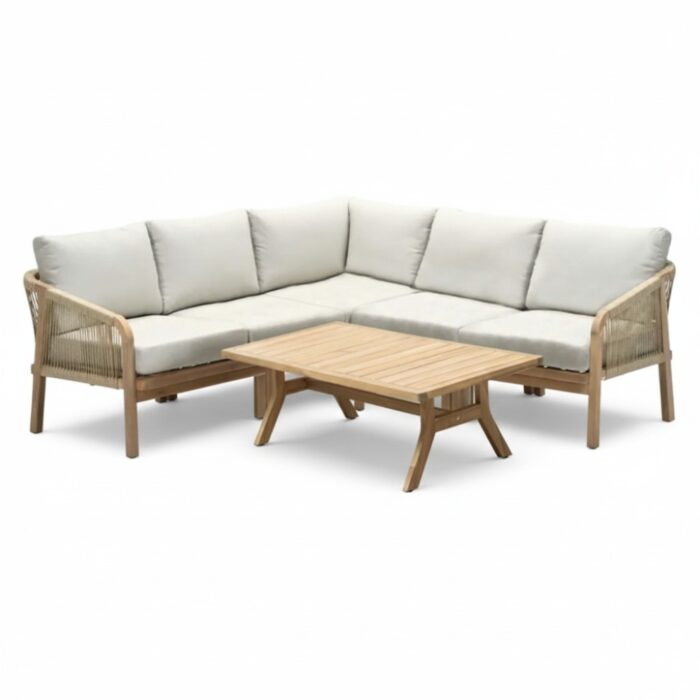 BUITEN living Bergamo hoek loungeset 6 personen | touw + hardhout | zand | 4-delig 230x230cm