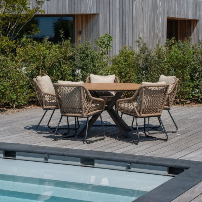 LUX outdoor living Cervo Natural/Portofino Sahara Dust dining tuinset | 5 personen | polywood + touw | 144cm – Zand