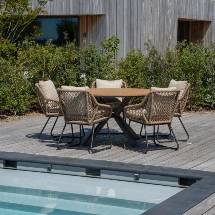 LUX outdoor living Cervo Natural/Portofino Sahara Dust dining tuinset | 5 personen | polywood + touw | 144cm - Zand