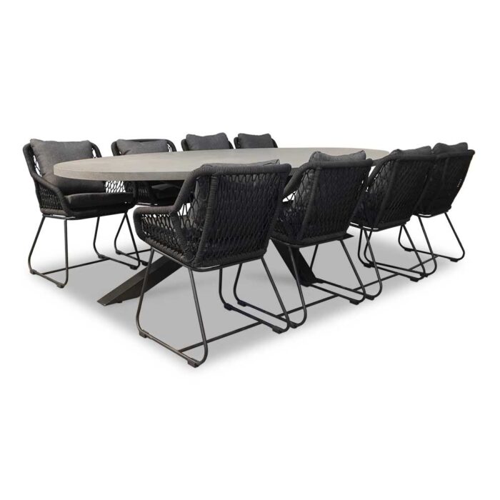 BUITEN living Stockholm/Portofino zwart dining tuinset | 8 personen | betonlook + touw | 280cm – Antraciet