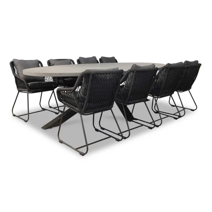 BUITEN living Stockholm/Portofino zwart dining tuinset | 8 personen | betonlook + touw | 280cm - Antraciet