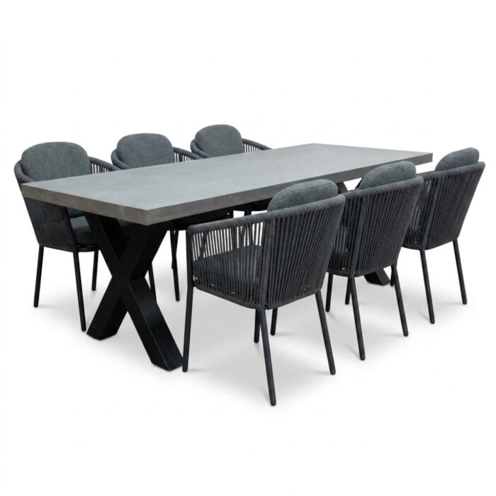 BUITEN living Lyon betonlook/Parma antraciet dining tuinset | 6 personen | polystone + touw | 250cm