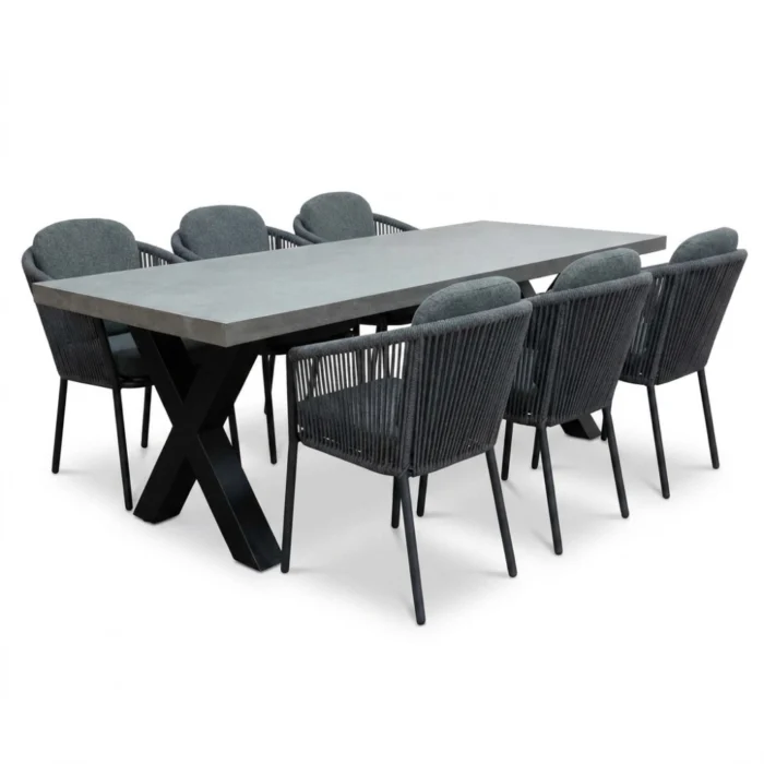 BUITEN living Lyon betonlook/Parma antraciet dining tuinset | 6 personen | polystone + touw | 250cm