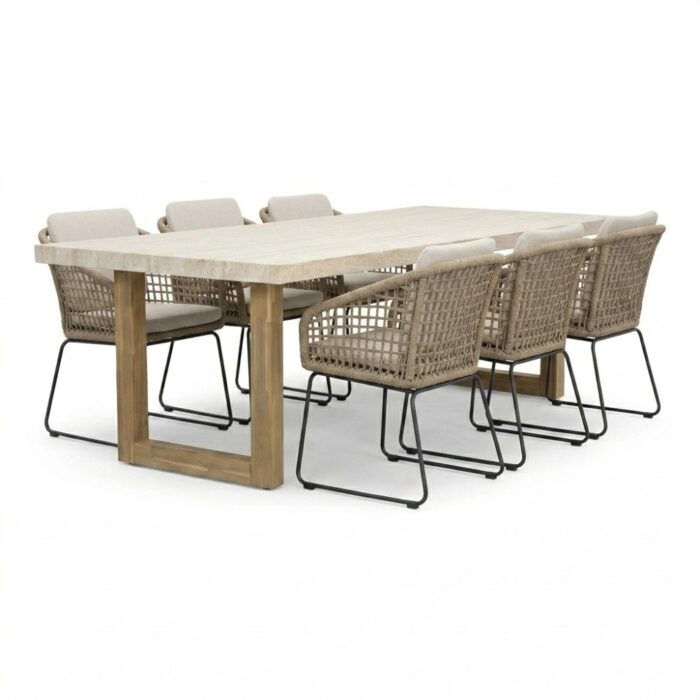 BUITEN living Laurenne/Tulum Sahara Dust dining tuinset | 6 personen | polystone + touw | 250cm – Travertin