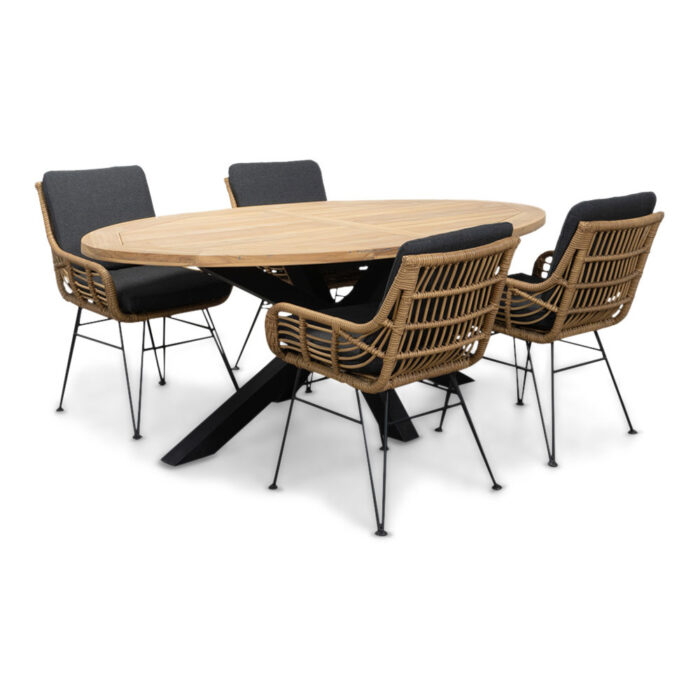 LUX outdoor living Cleve/Carlos antraciet dining tuinset | 4 personen | teakhout + wicker | 200cm ovaal