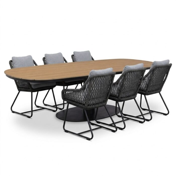 LUX outdoor living Panama/Portofino Stone Grey dining tuinset | 6 personen | polywood + touw | 260cm – Antraciet