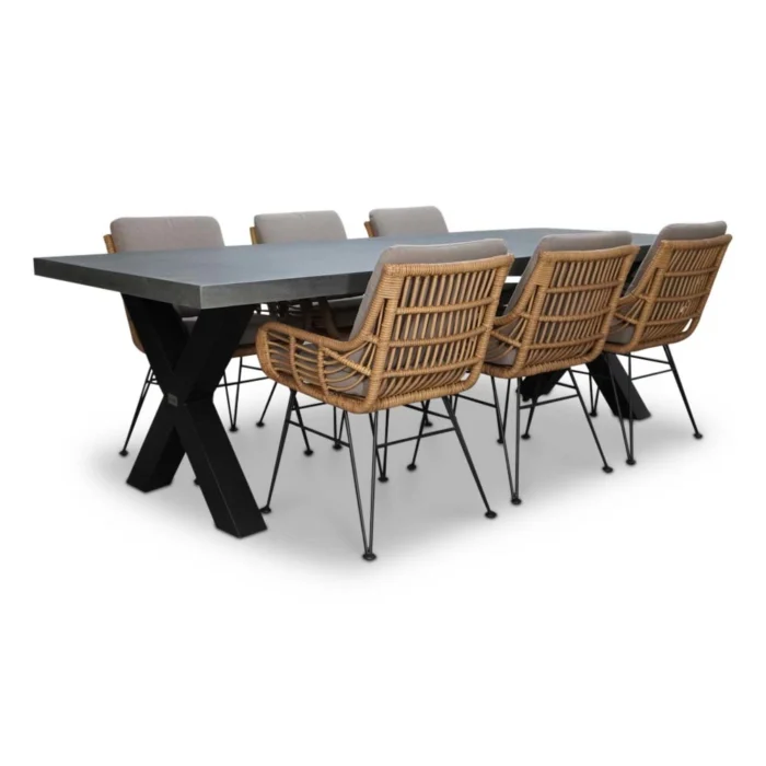 BUITEN living Lyon/Carlos taupe dining tuinset | 6 personen | betonlook + hardhout | 250cm - Zwart