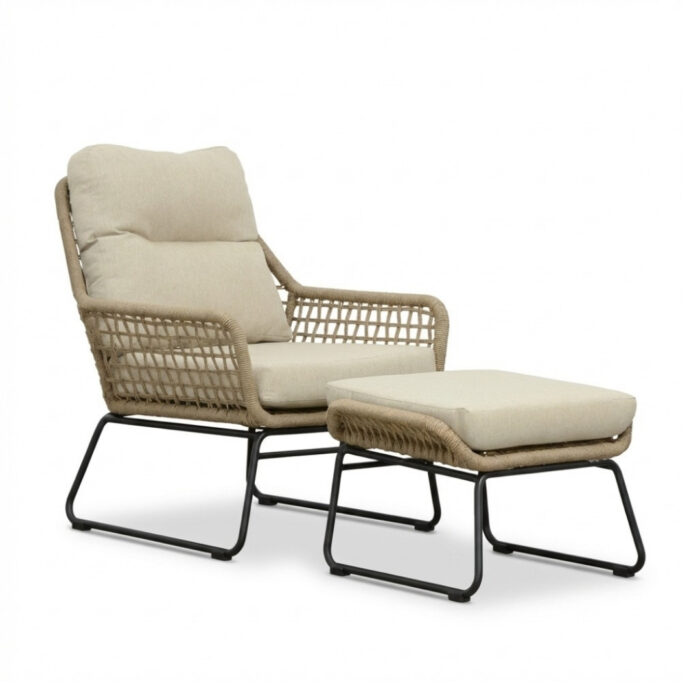 BUITEN living Valencia loungestoel incl. voetenbank | touw + aluminium | Sahara Dust