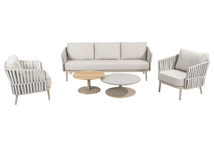 Taste Eva loungeset met Sara coffeetafels latte keramiek teak dia. 65 & dia. 80 cm