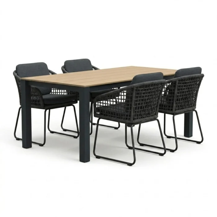 LUX outdoor living Manhattan antraciet/Tulum Lava Grey dining tuinset | 4 personen | polywood + touw | 180cm