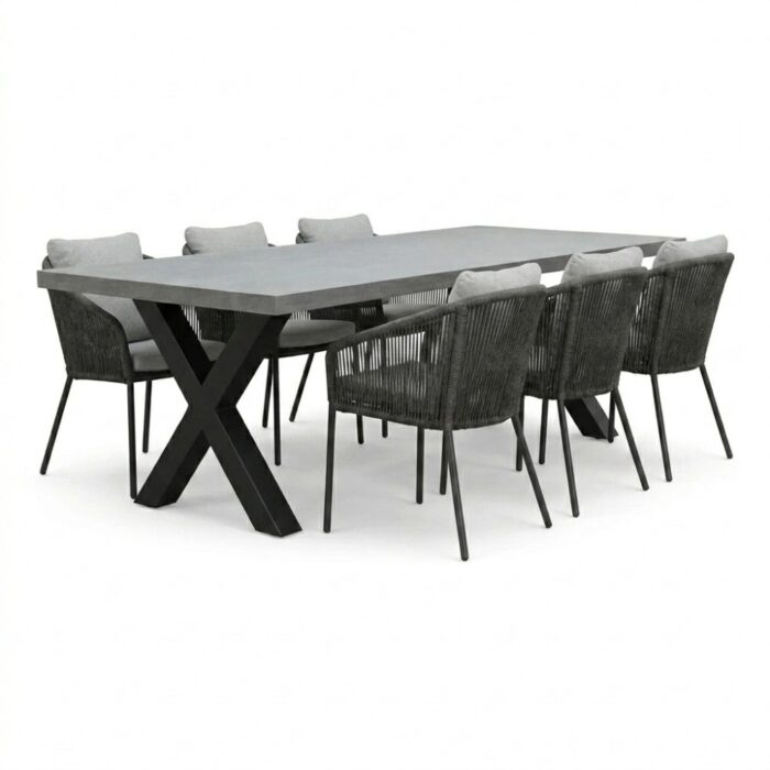 BUITEN living Lyon/Lexis Stone Grey dining tuinset | 6 personen | polystone + touw | 250cm – Betonlook