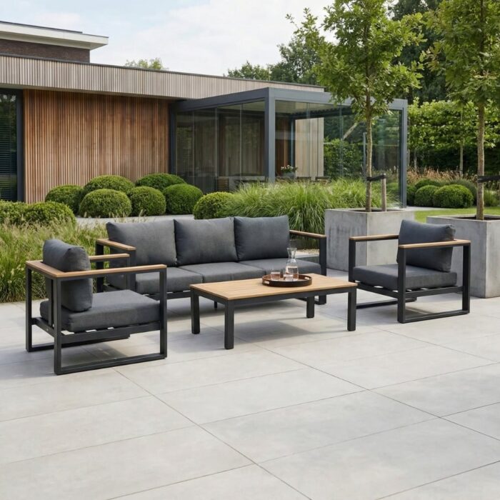 LUX outdoor living Nebraska stoel-bank loungeset 5 personen | aluminium + polywood | antraciet | 4-delig