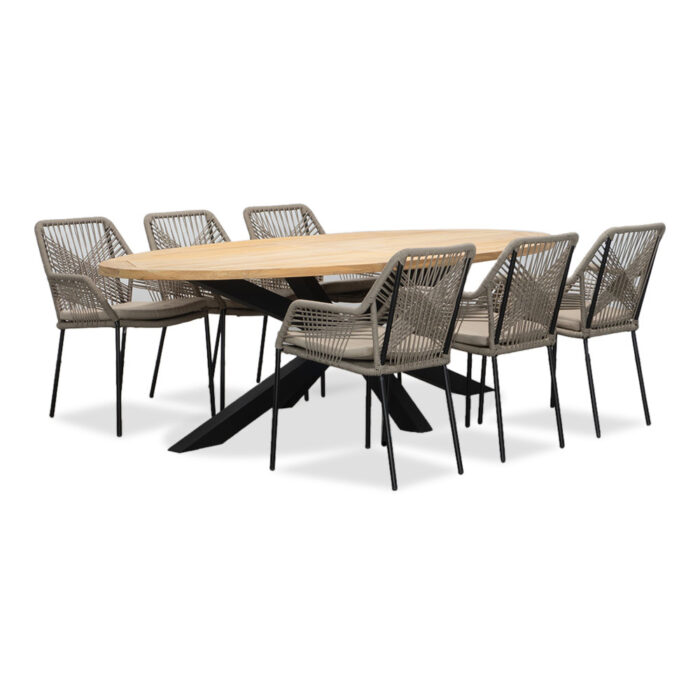 LUX outdoor living Cleve/Seville zand dining tuinset | 6 personen | teakhout + touw | 240cm ovaal